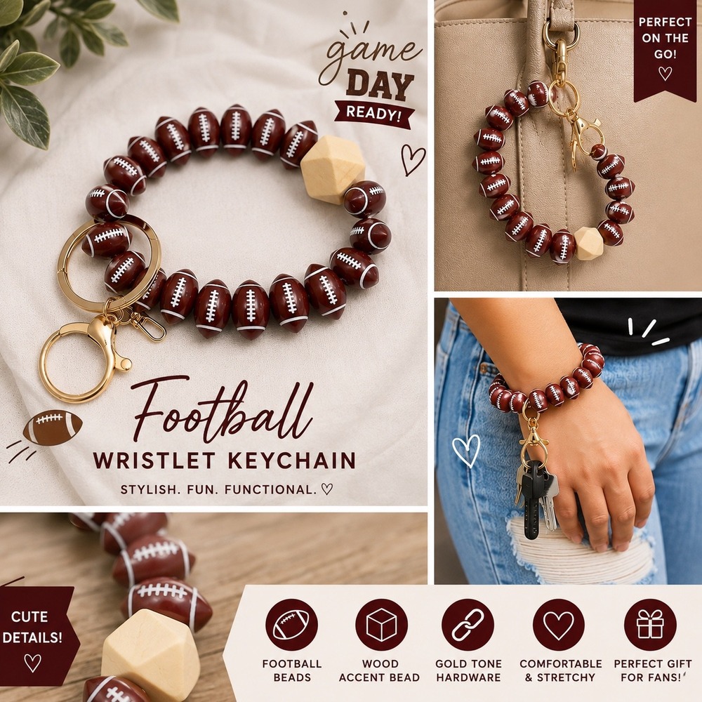 Football Elastic Wristlet Keychain Brown Bead Bangle Gold Tone Key Ring Wood